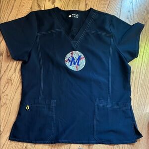 Navy Blue Scrub Top with Baseball Logo